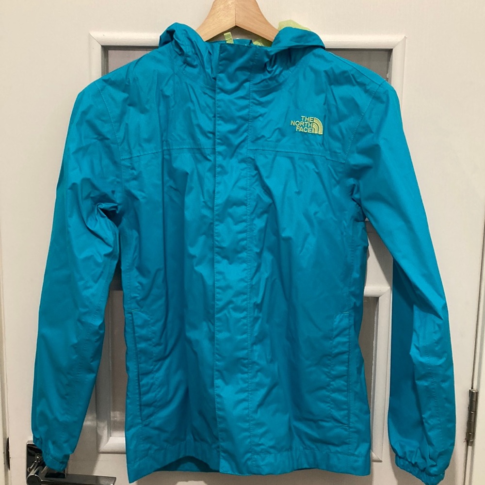 TNF turquoise rain jacket